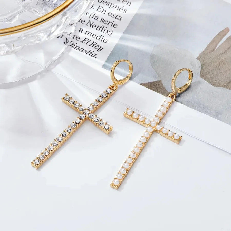 Cross Pearl Drop Earrings