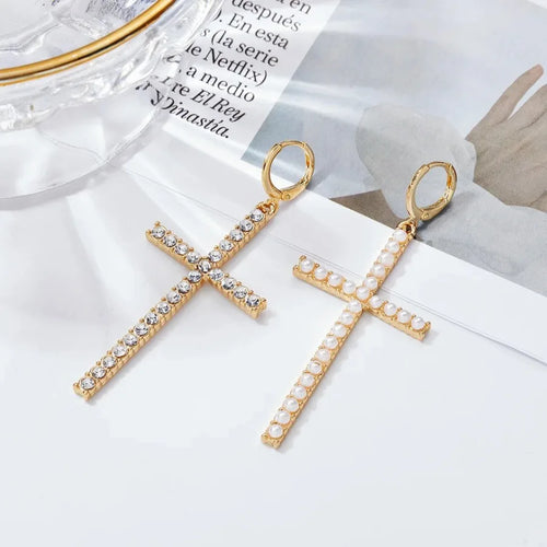 Cross Pearl Drop Earrings