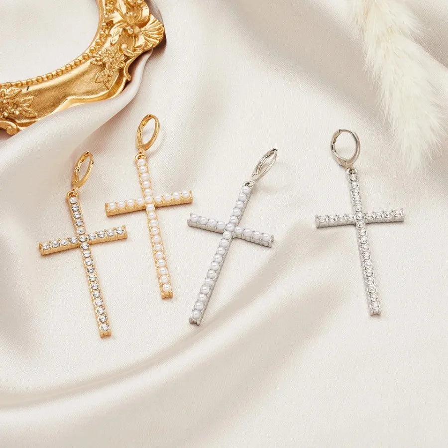 Cross Pearl Drop Earrings